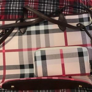 Beige Plaid Tote with Matching Wallet